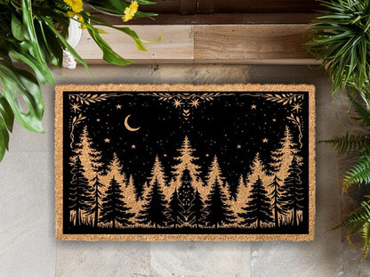 Rustic Coir Doormat, Woodland Pine Tree Night Sky Design