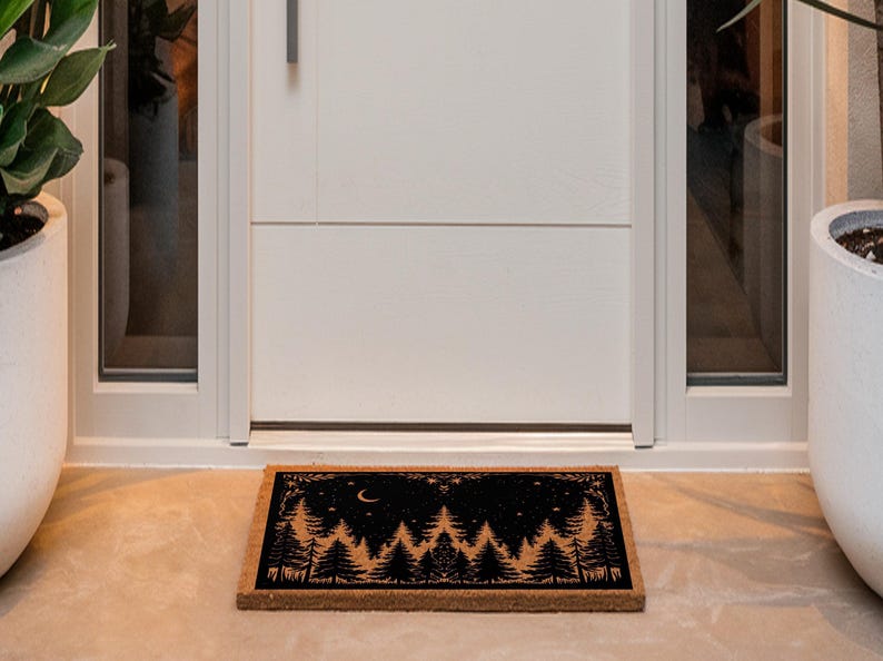 Rustic Coir Doormat, Woodland Pine Tree Night Sky Design