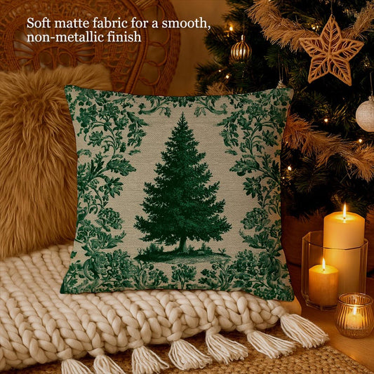 Christmas Green Toile Fir Tree Pillow Cover with Embroidered Effect, Decorative Winter Forest Throw Cushion Case, Pillowcase Cabin Chic Gift