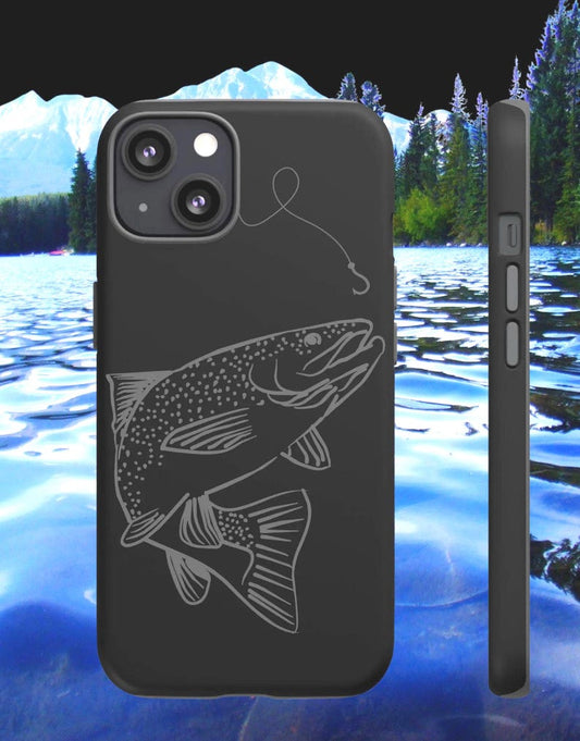 Fishing Phone Case for Anglers – Trout Line Art iPhone Case, Matte Black Fisherman Gift, Durable Coastal Fishing Accessory