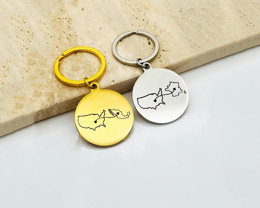 Engraved State Keychain, Long Distance Gift, Stainless Steel Couple Keychain