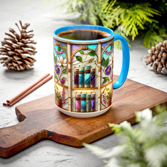 Floral Bookshelf Coffee Mug, Bookish Stained-Glass Style Ceramic Mug, Book Lover Gift Mug 15oz