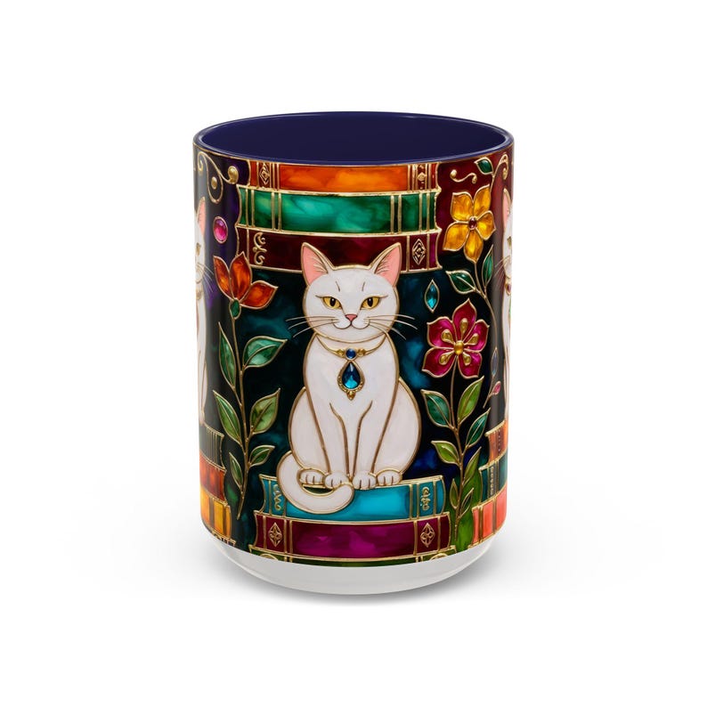 Stained Glass Style Cat Mug, Book Lover Ceramic Coffee Cup Bookish 15oz