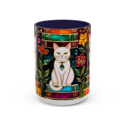 Stained Glass Style Cat Mug, Book Lover Ceramic Coffee Cup Bookish 15oz