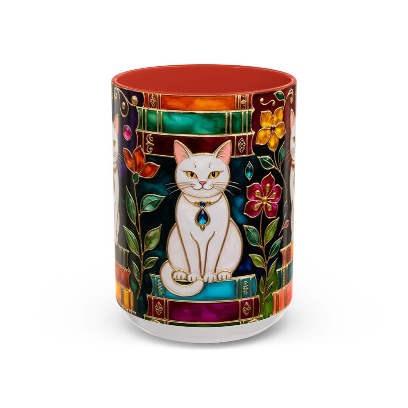 Stained Glass Style Cat Mug, Book Lover Ceramic Coffee Cup Bookish 15oz