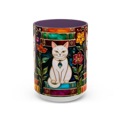 Stained Glass Style Cat Mug, Book Lover Ceramic Coffee Cup Bookish 15oz