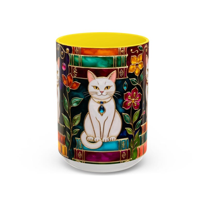 Stained Glass Style Cat Mug, Book Lover Ceramic Coffee Cup Bookish 15oz