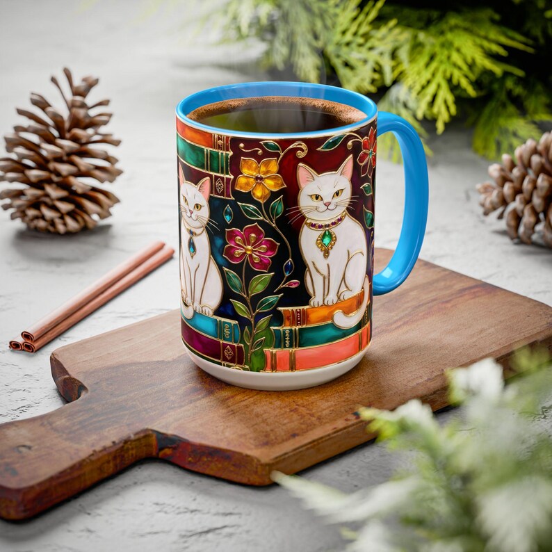 Stained Glass Style Cat Mug, Book Lover Ceramic Coffee Cup Bookish 15oz