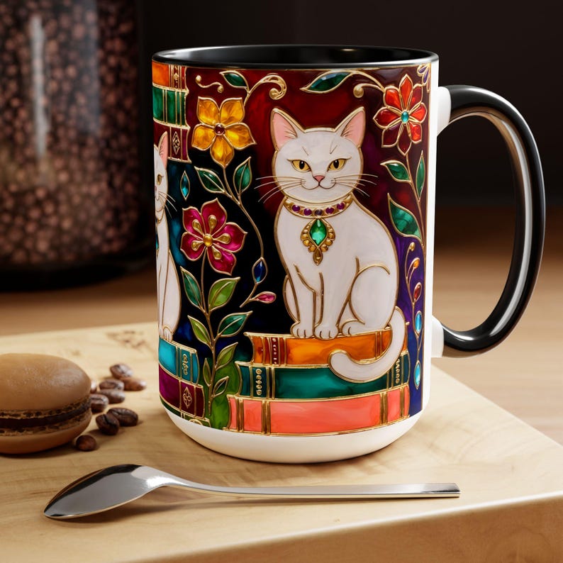 Stained Glass Style Cat Mug, Book Lover Ceramic Coffee Cup Bookish 15oz