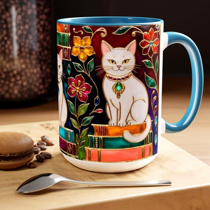 Stained Glass Style Cat Mug, Book Lover Ceramic Coffee Cup Bookish 15oz