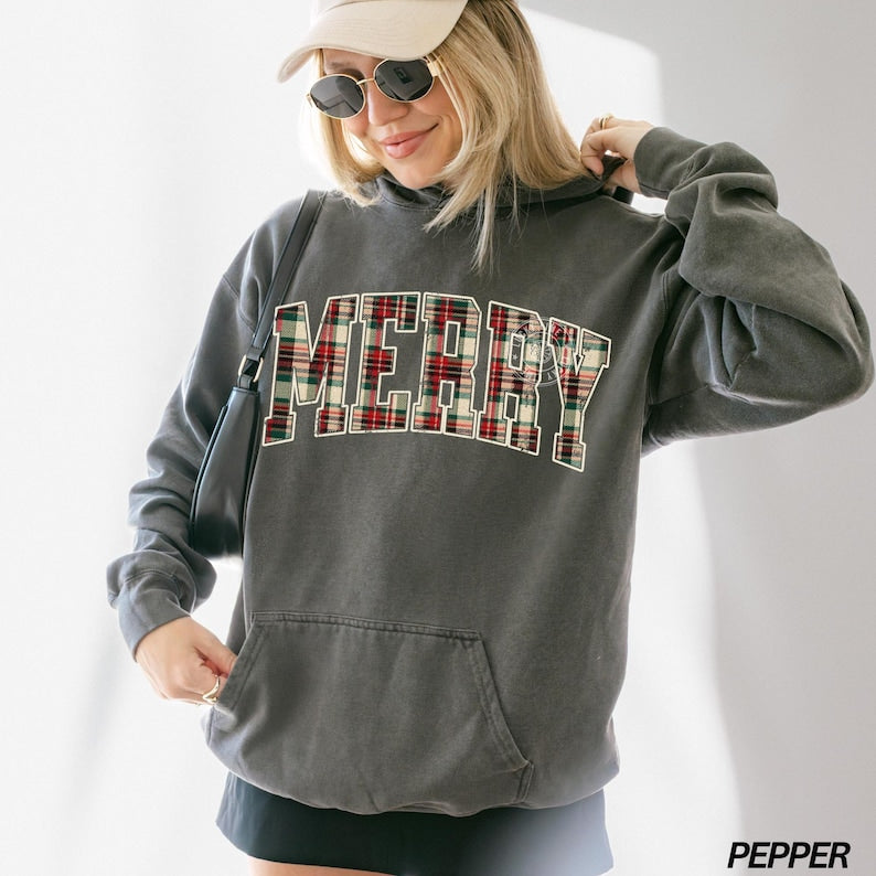 Comfort Colors® Christmas Hoodie, Plaid Merry Christmas Hoodie, Holiday Hoodie, Christmas Gift, Festive Holiday Sweatshirt, Preppy Christmas