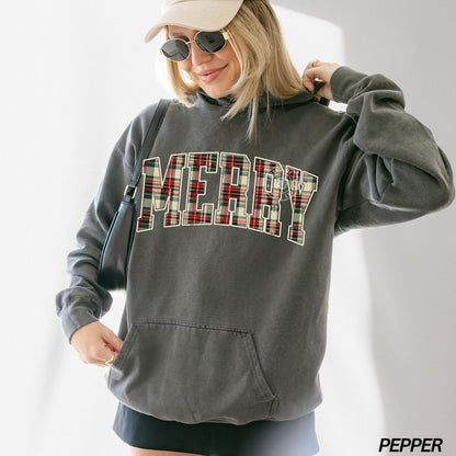 Comfort Colors® Christmas Hoodie, Plaid Merry Christmas Hoodie, Holiday Hoodie, Christmas Gift, Festive Holiday Sweatshirt, Preppy Christmas