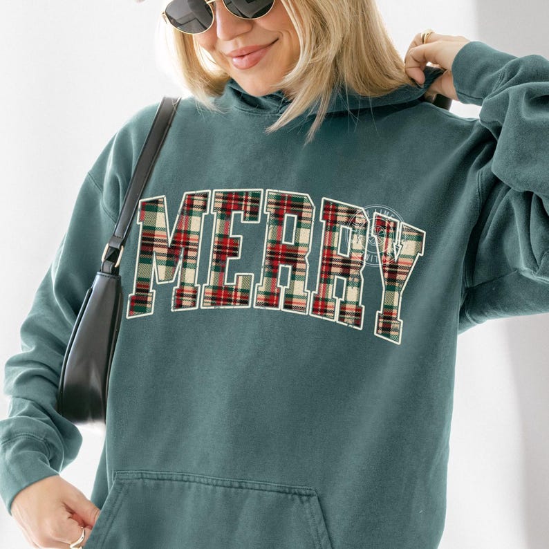 Comfort Colors® Christmas Hoodie, Plaid Merry Christmas Hoodie, Holiday Hoodie, Christmas Gift, Festive Holiday Sweatshirt, Preppy Christmas