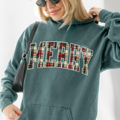 Comfort Colors® Christmas Hoodie, Plaid Merry Christmas Hoodie, Holiday Hoodie, Christmas Gift, Festive Holiday Sweatshirt, Preppy Christmas