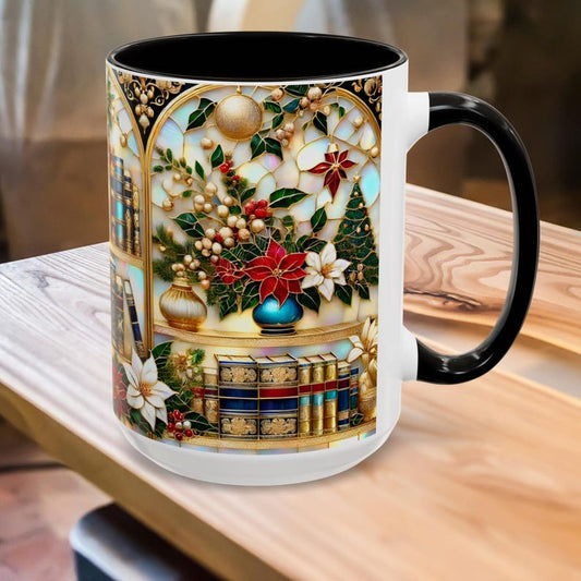 Elegant Stained Glass Style Bookish Mug, Floral Library Decor Cup, Ideal Christmas Gift for Book Lovers 15oz