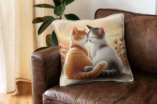 Cat Couple Cushion Cover – Double Sided Print | Romantic Cat Pillow | Cozy Home Décor | Gift for Cat Lovers