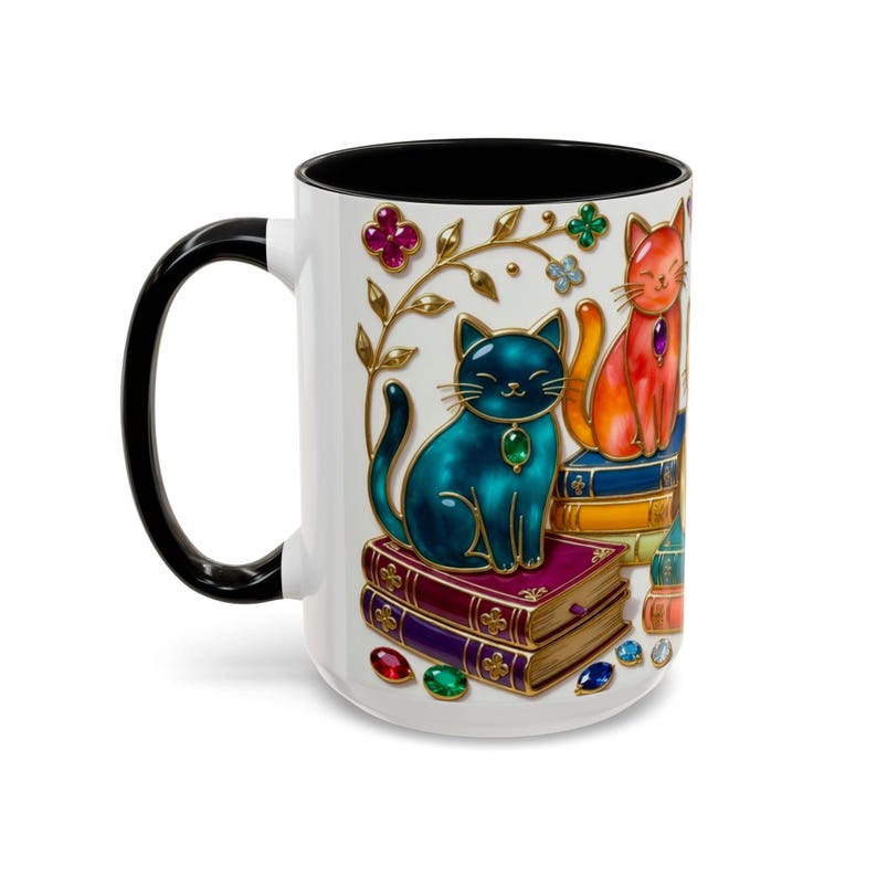 Stained Glass Style Cats Mug, Bookish Cat Art Mug, Jewel Tone Fantasy Cats Cup, Book Lover Mug 15oz