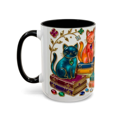 Stained Glass Style Cats Mug, Bookish Cat Art Mug, Jewel Tone Fantasy Cats Cup, Book Lover Mug 15oz