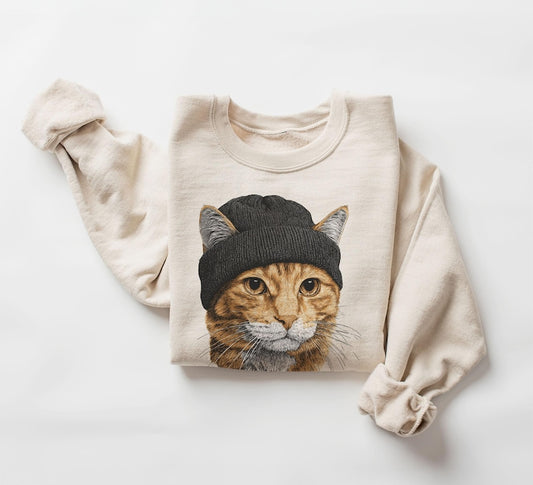 Retro Orange Tabby Cat Wearing Beanie Vintage Kitty Unisex Sweatshirt