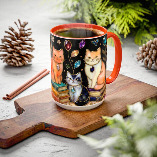 Stained Glass Style Cat Mug, Colorful Cats on Books, Cute Cat Lover Gift, Fantasy Bookish Art Cup 15oz
