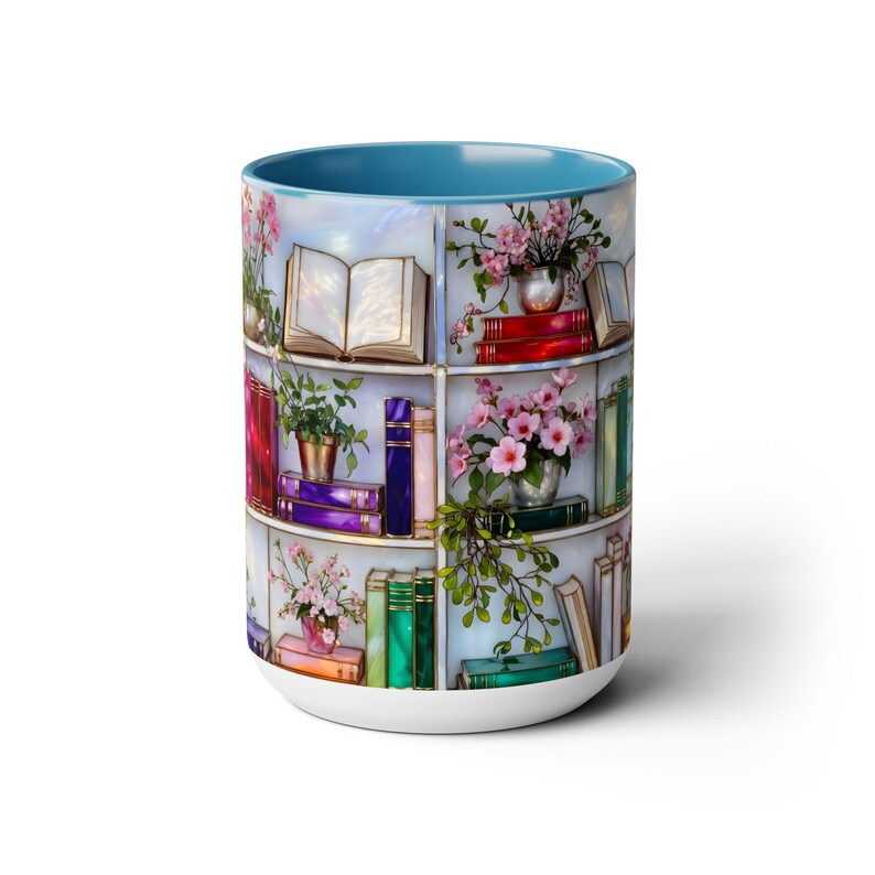 Stained Glass Style Bookshelf Mug, Colorful Floral Book Mug, Book Lover Gift. Elegant Reading Mug