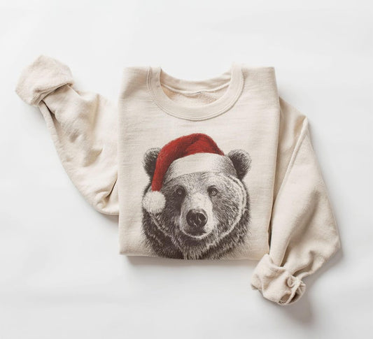Retro Christmas Grizzly Bear Wearing Santa Hat Vintage Wildlife Unisex Sweatshirt