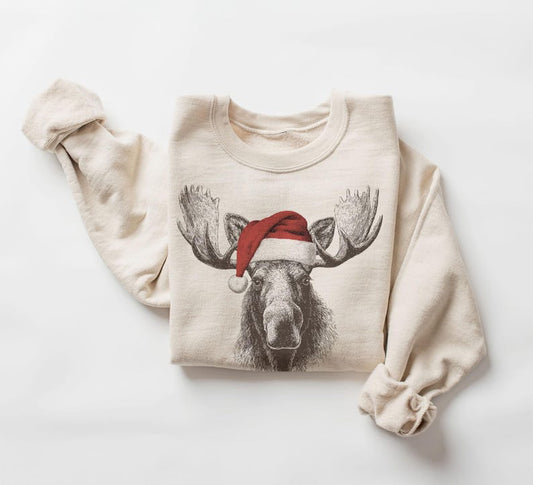 Retro Christmas Bull Moose Wearing Santa Hat Vintage Wildlife Unisex Sweatshirt