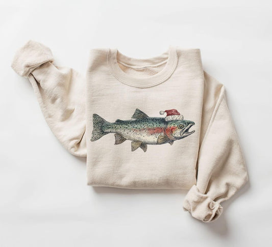 Retro Christmas Rainbow Trout Wearing Santa Hat Vintage Flyfishing Unisex Sweatshirt