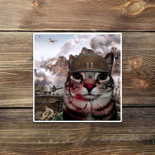 War Cat Sticker – Funny Cat 1000 Yard Stare Meme Vinyl Decal