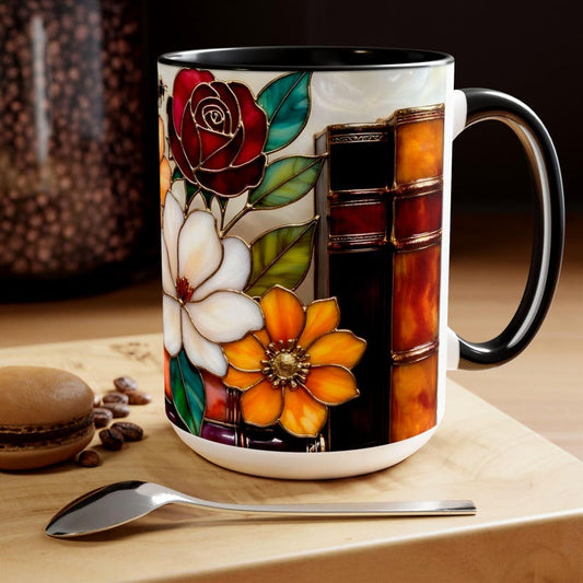Floral Bookshelf Mug, Stained Glass Style Flowers & Bees Mug 15oz, Garden Book Lover Gift