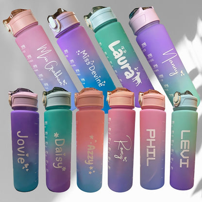 Personalised Water Bottle with Spout, Leak Proof, BPA-Free, Time Markings