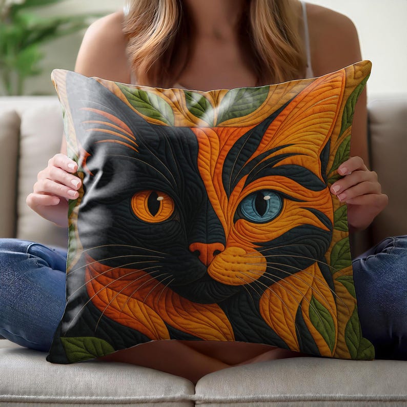 Calico Cat Art Pillow Cover, Colorful Cat Cushion Cover, Printed Finish Resembles a Quilted Style Look, Boho Cat Throw Pillow,Cat Lover Gift