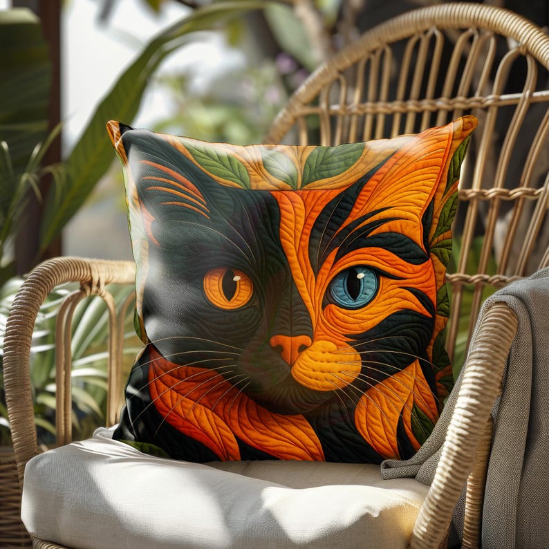 Calico Cat Art Pillow Cover, Colorful Cat Cushion Cover, Printed Finish Resembles a Quilted Style Look, Boho Cat Throw Pillow,Cat Lover Gift