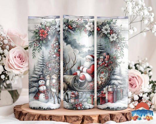 Vintage Rustic Christmas Santa Tumbler, 20oz Stainless Steel Cup, Old Fashioned Reindeer Gift