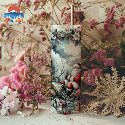 Vintage Rustic Christmas Santa Tumbler, 20oz Stainless Steel Cup, Old Fashioned Reindeer Gift