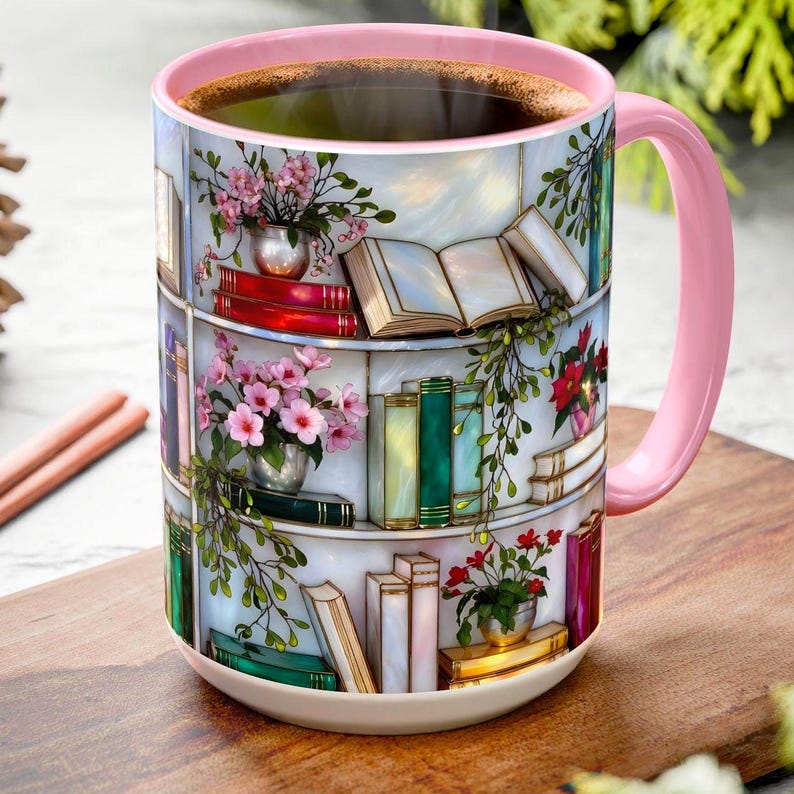 Stained Glass Style Bookshelf Mug, Colorful Floral Book Mug, Book Lover Gift. Elegant Reading Mug