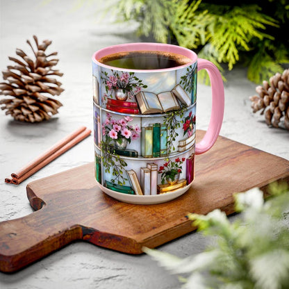 Stained Glass Style Bookshelf Mug, Colorful Floral Book Mug, Book Lover Gift. Elegant Reading Mug
