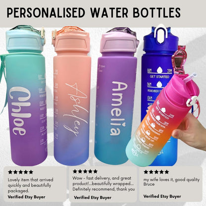 Personalised Motivational Water Bottle with Pop Up Straw and Time Markings, Leak Proof, BPA free