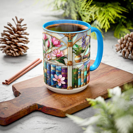 Floral Bookshelf Coffee Mug, Bookish Stained-Glass Style Mug, Book Lover Gift, Reading Mug for Women, Library Aesthetic Cup 15oz