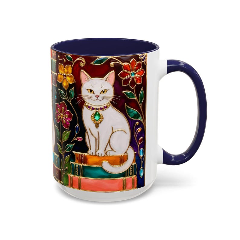 Stained Glass Style Cat Mug, Book Lover Ceramic Coffee Cup Bookish 15oz