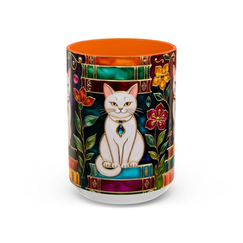 Stained Glass Style Cat Mug, Book Lover Ceramic Coffee Cup Bookish 15oz