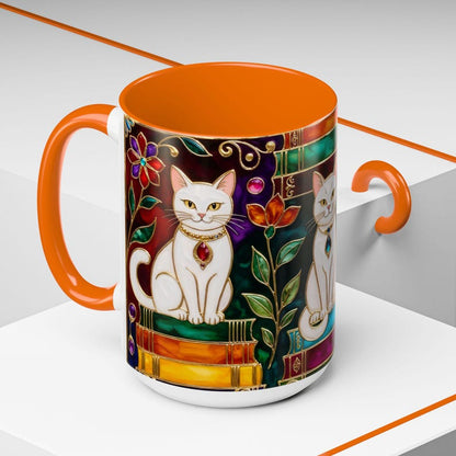Stained Glass Style Cat Mug, Book Lover Ceramic Coffee Cup Bookish 15oz
