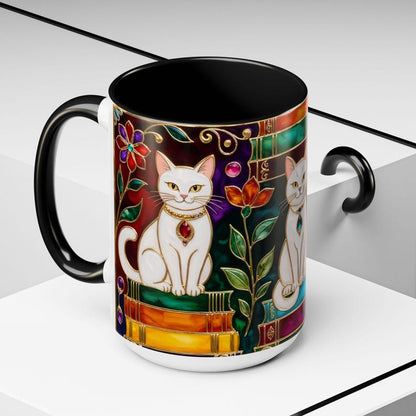 Stained Glass Style Cat Mug, Book Lover Ceramic Coffee Cup Bookish 15oz