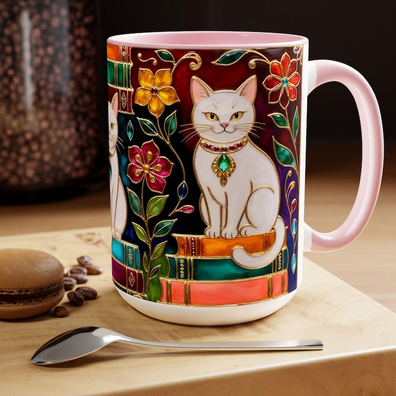 Stained Glass Style Cat Mug, Book Lover Ceramic Coffee Cup Bookish 15oz