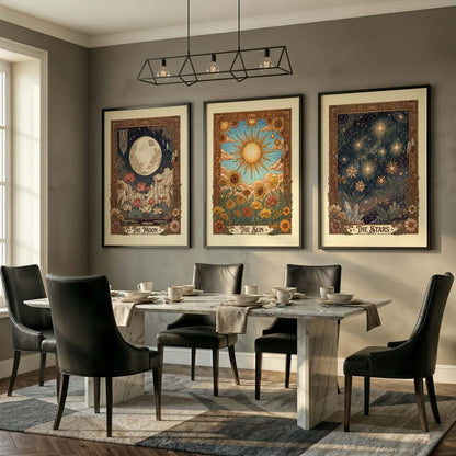 Tarot Wall Art Set: Vintage Celestial Botanical Prints (Sun Moon Stars)