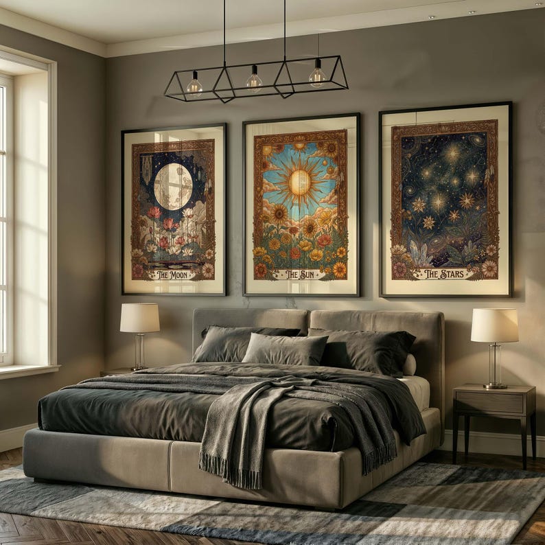 Tarot Wall Art Set: Vintage Celestial Botanical Prints (Sun Moon Stars)