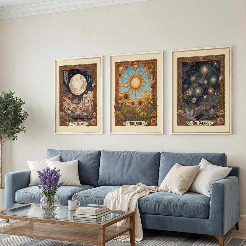 Tarot Wall Art Set: Vintage Celestial Botanical Prints (Sun Moon Stars)