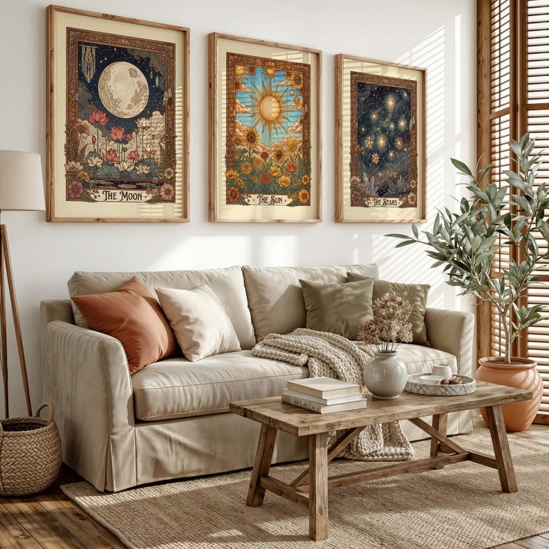 Tarot Wall Art Set: Vintage Celestial Botanical Prints (Sun Moon Stars)
