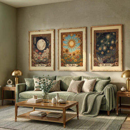 Tarot Wall Art Set: Vintage Celestial Botanical Prints (Sun Moon Stars)