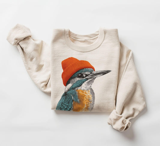 Retro Common Kingfisher Wearing Beanie Vintage Birding Unisex Sweatshirt